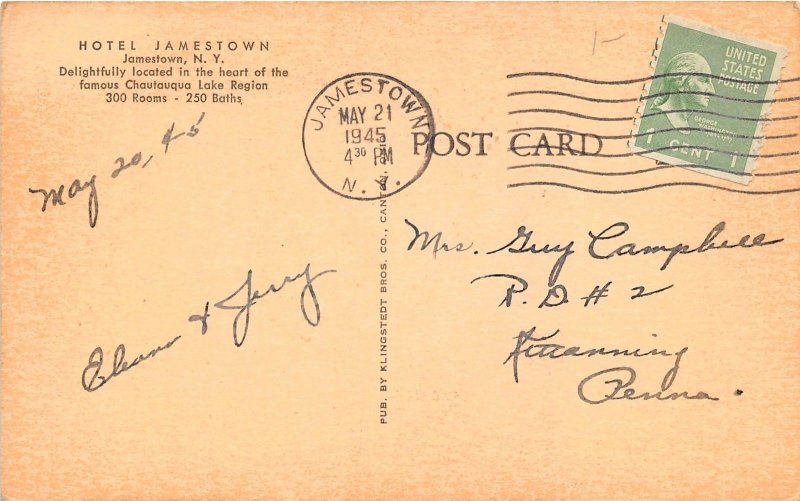 Jamestown New York~Hotel Jamestown~1945 Postcard