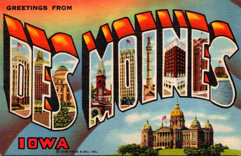 Iowa Greetings From Des Moines Large Letter Linen Curteich