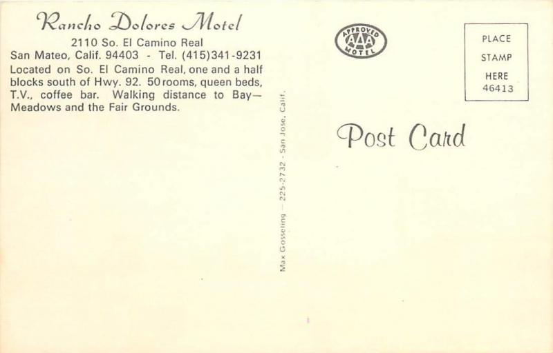 SAN MATEO,  California  CA  RANCHO DOLORES Motel   c1960s Cars Roadside Postcard