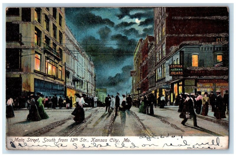 Kansas City Missouri MO Postcard Main Street South From 12th Street 1907 Moon