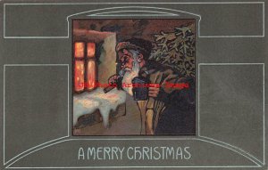 Christmas, Unknown No UP01-1, Art Nouveau, Santa with Tree Peers in Window