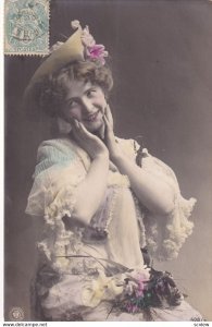 RP; Portrait of embarrased woung lady wearing hat with flowers, 1900-10s