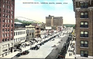 1930s OGDEN UTAH WASHINGTON BLVD BUSINESS SIGNS OLD CARS LINEN POSTCARD P590