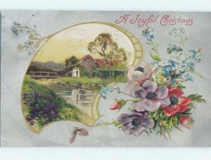 Divided-Back christmas PRETTY FLOWERS & MILL WITH WATER WHEEL o3989