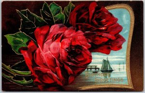 Large Print Red Roses Flower Boat Birthday Greetings & Wishes Card Postcard