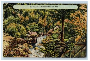 Greetings From Pelican Lake Wisconsin WI, River Waterfalls Vintage Postcard