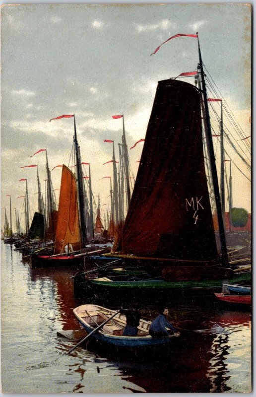 Two Men Boating Big Sailboats Harbor Scene Painting Artwork Postcard