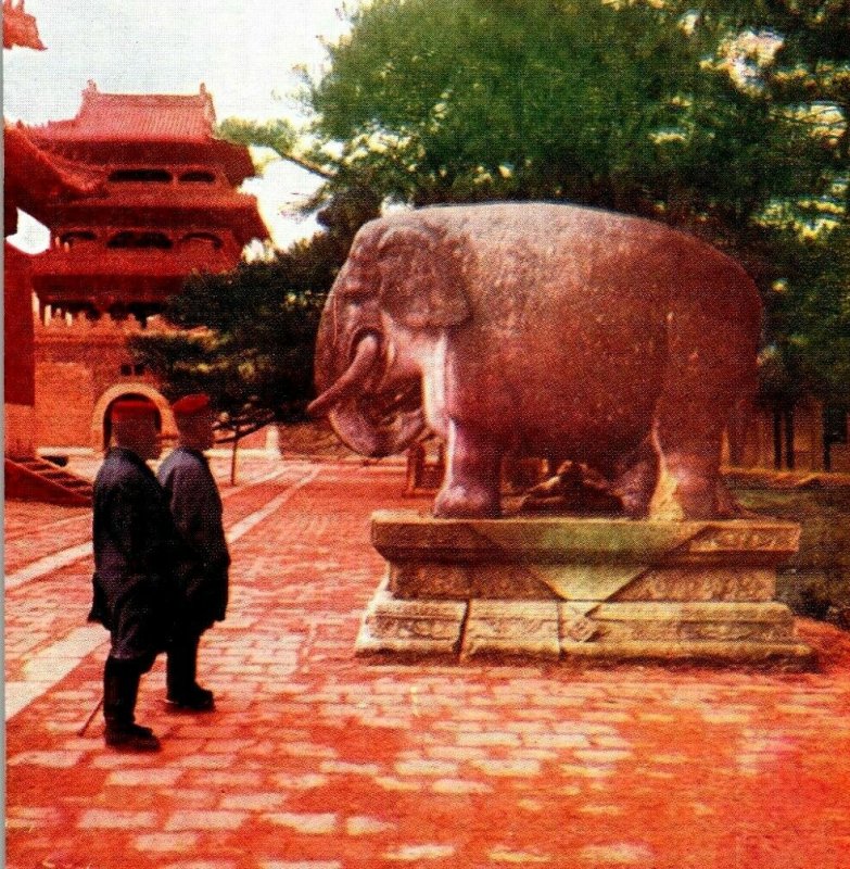 Imperial Mausoleum, Mukden Manchuria postcard elephant China men pagoda