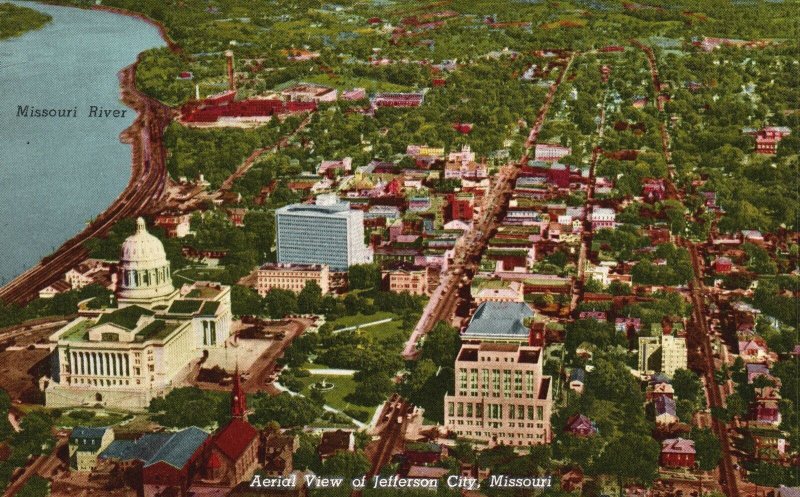 Vintage Postcard 1956 Aerial View River Landmarks Bldg. Jefferson City Missouri 