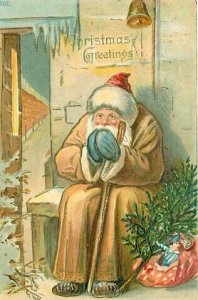 Christmas, Unknown No 592, Brown Robe Santa with Blue Gloves, Tree, Toys