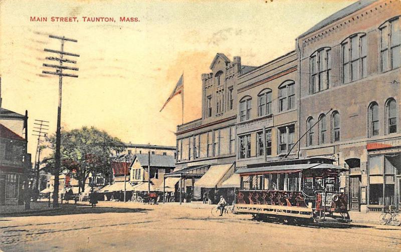 1910 Taunton MA Main Street Trolley Storefronts Postcard