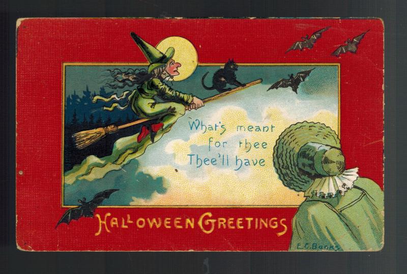 1900s Postcard Cover Halloween Greetings Flying Witch on Broomstick with Bats