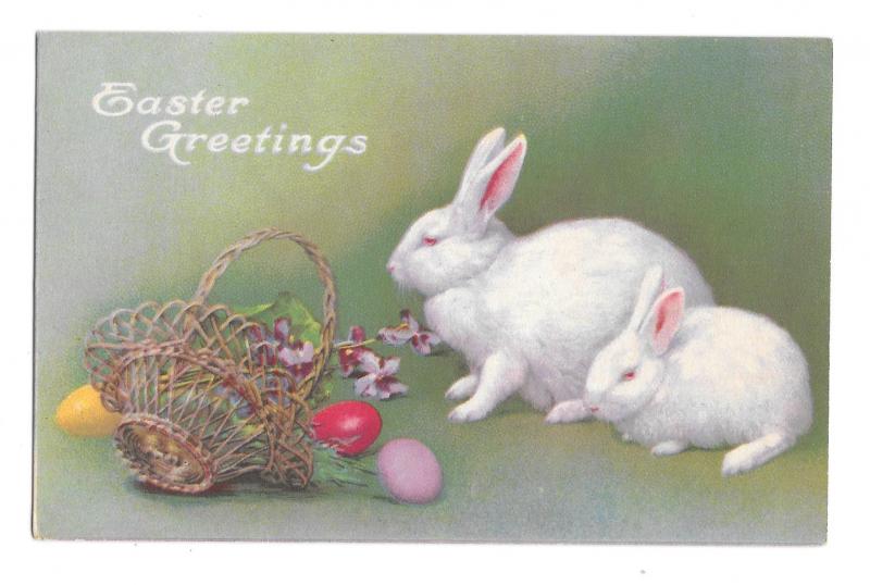 Easter Greetings Two White Rabbits Basket Colored Eggs Violets Vintage Postcard