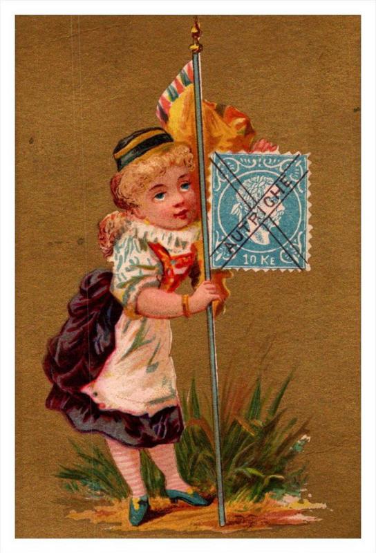 Autrighe   Stamp, Flag, Girl   Victorian Philatelic Trade Card