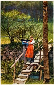 Pretty Girl checking the Mailbox - c1920 - Vintage Postcard