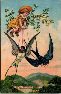Swallows Towing Child Across Sky on Tree Branch Embossed c1910 Postcard Y48