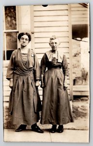 RPPC Two Old Ladies in Period Dresses on Sidewalk c1918 Real Photo Postcard L44