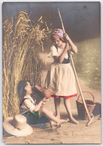 Vintage German Hand Tinted RPPC Postcard Children in Farm Setting 1910s