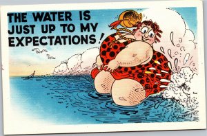 Postcard Comic Fat woman ocean wave carshing Water is just up to my expectations