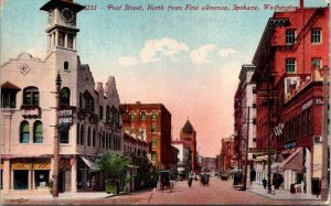 Spokane, WA Washington  POST STREET SCENE Cutter Studios~Clock ca1910's Postcard