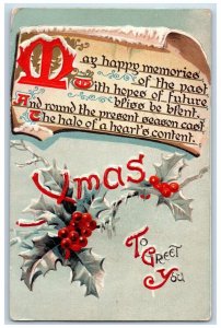 1911 Christmas Message Holly Berries Embossed Monrovia Maryland MD Postcard 
