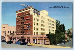 San Bernardino California CA Postcard Antlers Hotel Building Classic Cars 1940