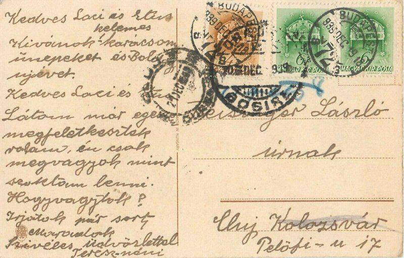 Hungary Christmas greetings postcard 1939 drawn musical angels