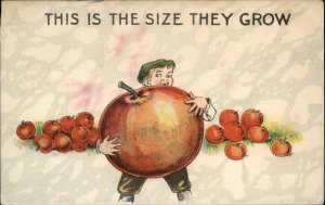 Exaggeration Farming Little Boy with Giant Apple Vintage Postcard