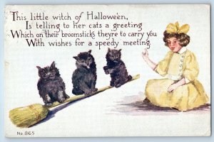 1914 Halloween Greeting Woman Three Black Cat On Broomsticks Antique Postcard