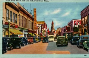 Postcard MA Fall River South Main Street & City Hall Old Cars Shops 1940s S18