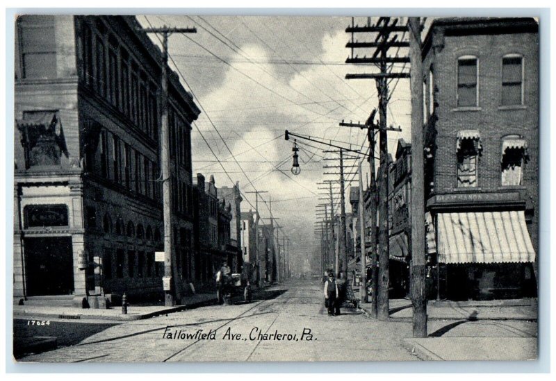 c1910 Busy Day Fallowfield Ave Street Buildings Charleroi Pennsylvania Postcard