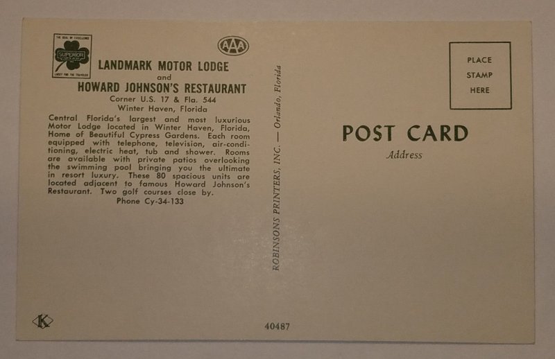 Landmark Motor Lodge & Howard Johnson's Restaurant, Winter Haven, Fl. Postcard