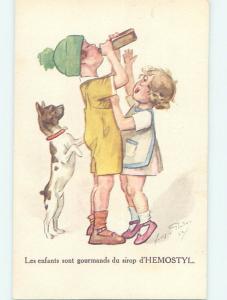 Unused 1922 foreign signed DOG WATCHES GIRL TRYING TO GRAB BOTTLE FROM BOY J4819