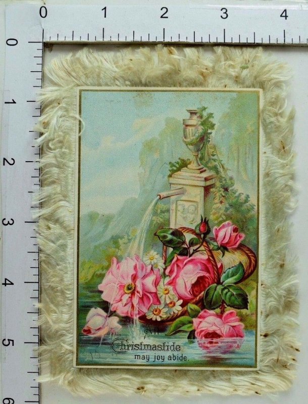 Embossed Victorian Christmas Trade Card Cherub Water Fountain Urn Roses *C
