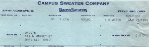 1939 CAMPUS SWEATER COMPANY CLEVELAND OH WALL'S ORRVILLE BILLHEAD INVOICE Z987