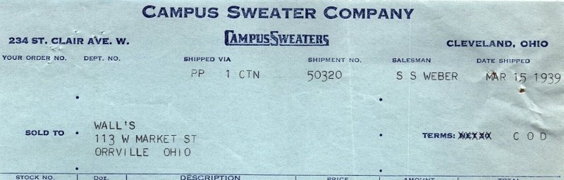 1939 CAMPUS SWEATER COMPANY CLEVELAND OH WALL'S ORRVILLE BILLHEAD INVOICE Z987