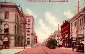 Postcard Looking West on Monroe Street in Springfield, Illinois