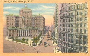 New York Brooklyn Borough Hall, Trolleys, Cars  Linen Postcard Unused