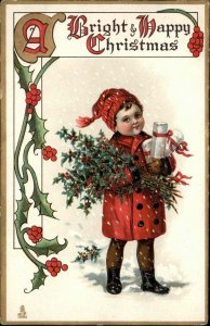 Tuck Christmas Children No. 540 Little Boy with Gifts and Holly c1910 Postcard
