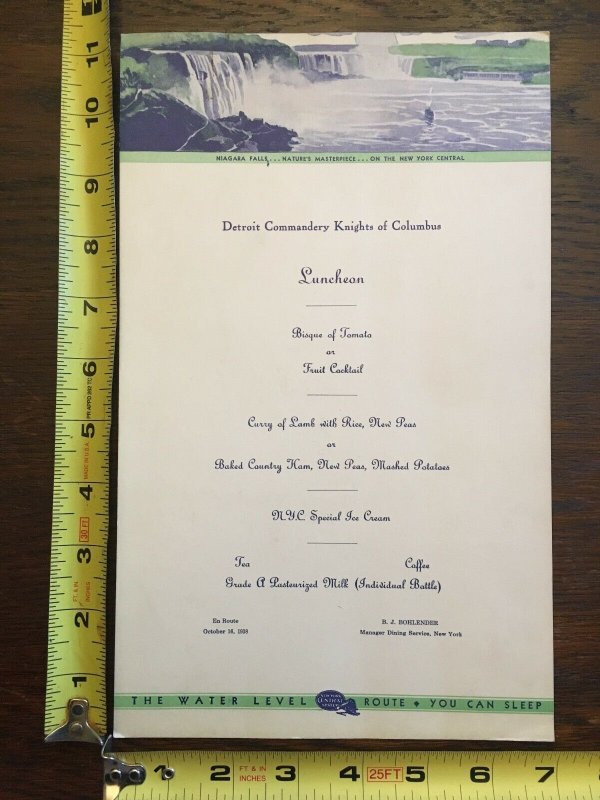 Detroit Commandery Knights of Columbus Menu Card 1938 New York Central System