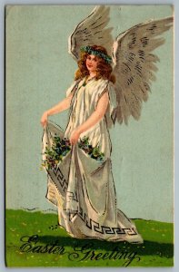 Postcard c1909 Easter Greeting Angel with Wings Collecting Flowers White Gown