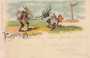 Rare 1898 Easter chromo Litho postcard rabbit pipe colored eggs seller hen lamp 