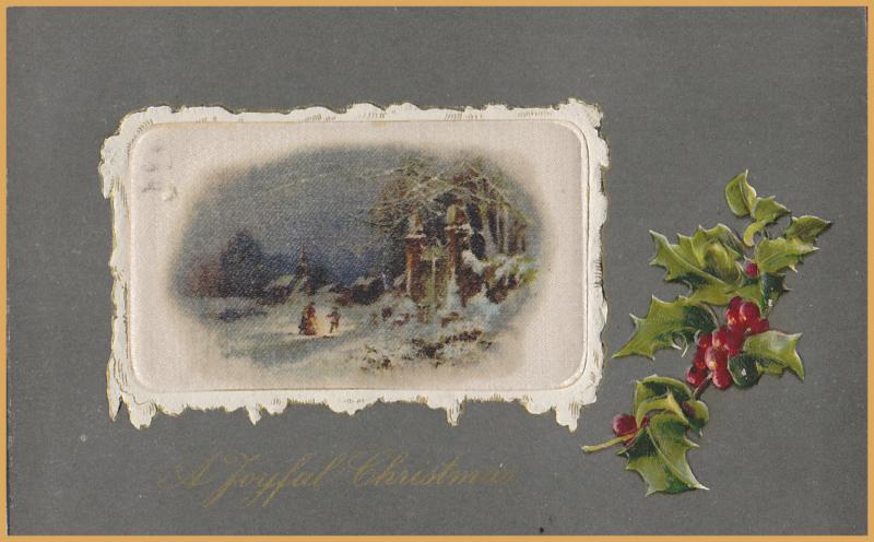 Vintage Christmas  A Joyful Christmas Picture on silk pillow - 1908