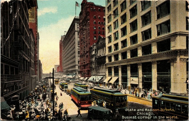 Postcard IL Chicago State and Madison Streets Streetcars Old Cars 1915 M22