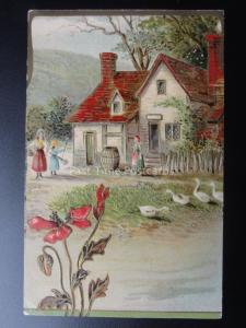 Embossed Poppy Postcard: FARM YARD SCENE c1908