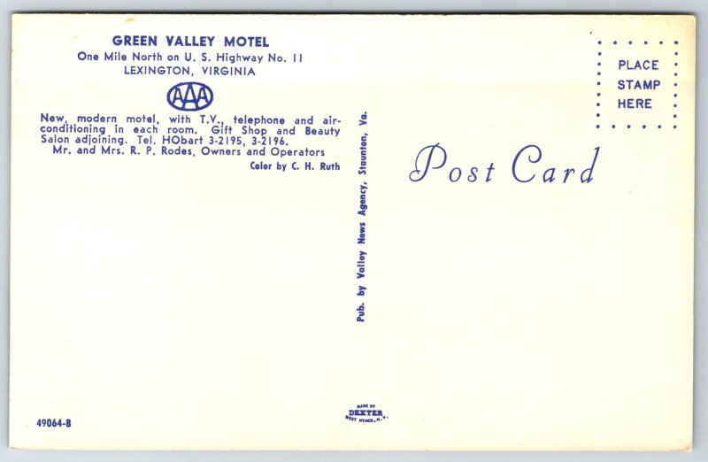 Banner Greeting~Green Valley Motel Lexington Virginia~Vintage Postcard