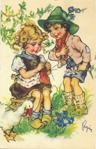 Adorable Little Girl & Boy & Duck 1952 Signed 2 Netherland Stamps
