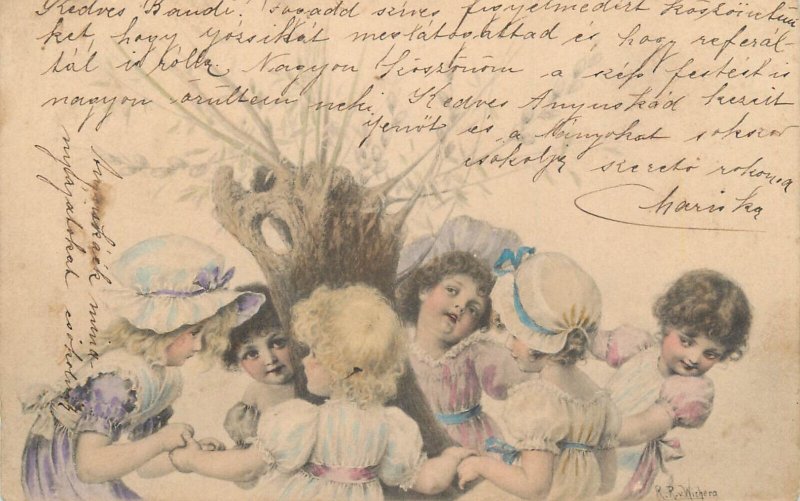 R. R. Wichera 1904 lovely drawn girls tree round dance postcard
