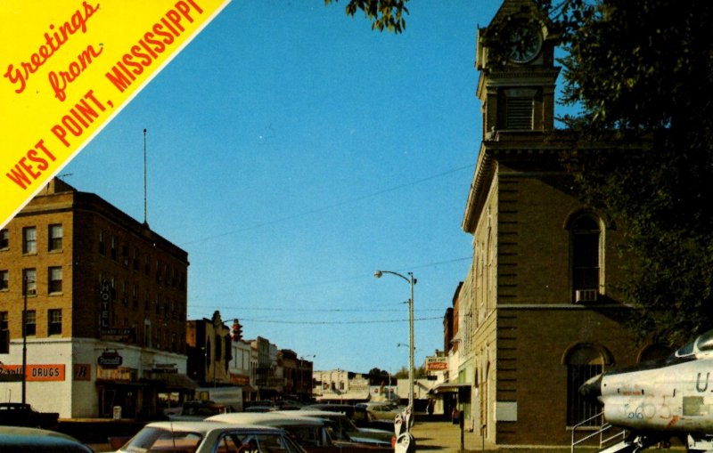 West Point, Mississippi - Greetings from Downtown on Commerce Street - 1950s