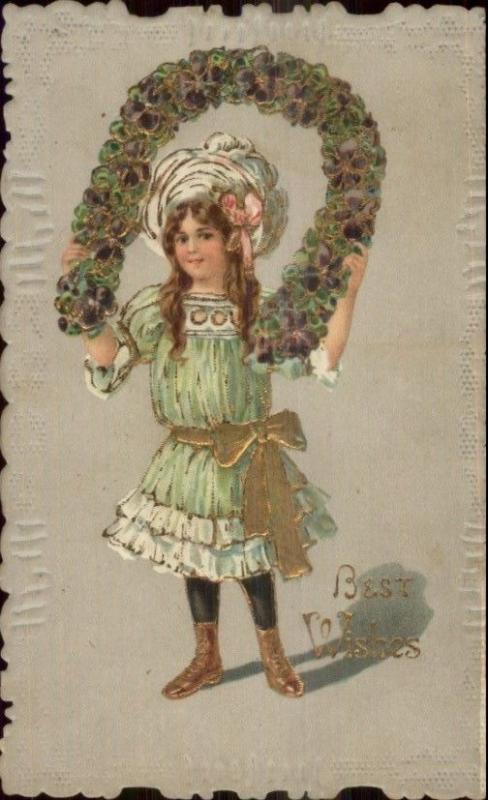 Little Girl w/ Floral Horseshoe BEST WISHES Scalloped Border c1910 Postcard